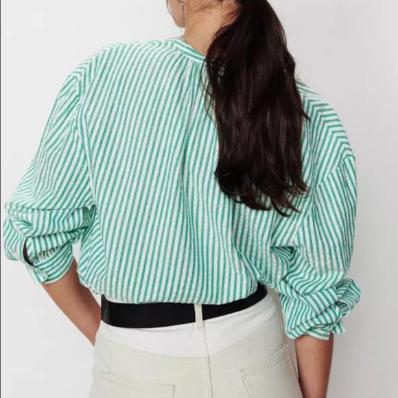 Ba&Sh Stoby long-sleeve shirt green white striped sz M - Picture 2 of 9